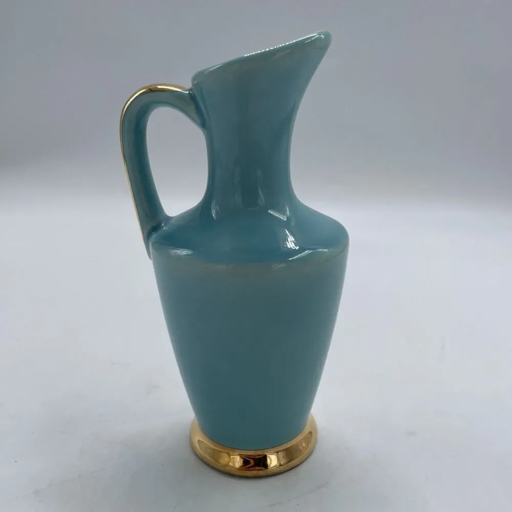 Vintage American Art Pottery Blue with Gold Gilt 7” Pitcher Vase Signed USA 210